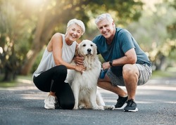 Happy senior couple, walking dog in nature park and smile bonding with their golden retriever together. Healthy living in retirement, being physically active by exercising and relaxing time with pet