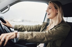Travel, car driver and woman excited, having fun and enjoy speed transportation, fast suv or road trip journey. Van, freedom smile and happy adrenaline girl driving automobile with crazy high energy