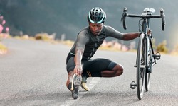 Outdoor, cycling and cyclist doing stretching exercise by his bicycle on road in mountain. Sports, training for fitness and man athlete doing warm up before cardio cycle workout with bike in nature.