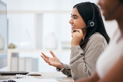 Call center, customer service and telemarketing with a woman consulting using a headset in her office. Crm, contact us and sales with a female employee at work as a consultant on a call for support