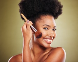 Makeup, brush and portrait of black woman with facial product to apply foundation, cosmetics or daily skincare routine. Cosmetology, healthcare and aesthetic face of model happy with beauty treatment