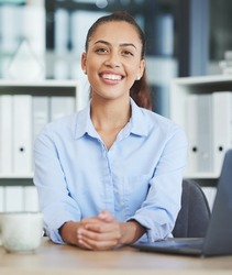 Business, woman and worker portrait at office desk as administration executive, company manager and financial advisor in Spain. Happy employee at table for finance management, accounting and payroll