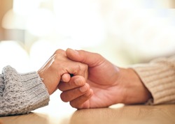 Love, support or couple holding hands with hope, trust and faith in a marriage partnership commitment. Wellness, zoom or calm people with empathy, kindness or care in counseling or therapy for help