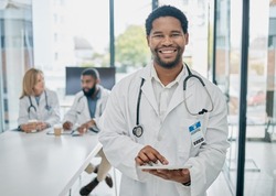 Portrait, black man and doctor with tablet, digital analysis and schedule surgery in hospital. African American male, medical professional and online research for cure, diagnosis and healthcare.