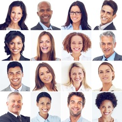 Face, collage and portrait smile of business people for profile, montage or collection against a white studio background. Happy faces collected in diversity isolated or cropped group smiling together