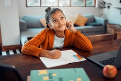 Education, writing or girl in a house thinking of solutions, learning math problem solving or child development. Ideas, child or young Indian school student busy with homework assessment in notebook