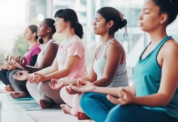 Meditation exercise, yoga class and healthy women together for fitness, peace and wellness. Diversity group in lotus at health studio for holistic workout, mental health and body balance for zen mind