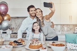 Selfie, parents or girl in celebration of a happy birthday in house party or kitchen with popcorn or cake. Mother, father or child bonding with love or care in family home take pictures to celebrate