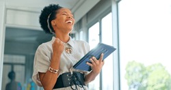 Happy black woman, tablet and victory for promotion, winning or good news at the office. Excited African American female employee in celebration for victory, win or achievement with touchscreen