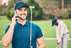 Man, phone call and communication on golf course for sports conversation or discussion in the outdoors. Happy sporty male smiling and talking on smartphone while golfing in sport hobby in nature