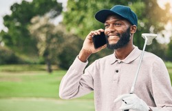 Black man, phone call and communication on golf course for sports conversation or discussion outdoors. Happy African male smiling and talking on smartphone while golfing for sport hobby in nature
