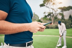 Man, hands and phone texting in communication on golf course for sports, social media or networking outdoors. Hand of sporty male chatting on smartphone or mobile app for golfing research or browsing