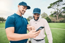 Golf course, men and friends with talk for using phone, smile and personal trainer with video for training together. Golfer, smartphone and point at meme on social media app with sports for diversity