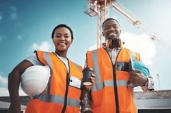 Engineer team, portrait and smile of black people at construction site with coffee low angle. Teamwork, architect and happy African man and woman with tea, collaboration and building with mockup.