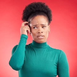 Confused, thinking and black woman scratching head in studio with choice or decision on red background. Question, why and African lady person with doubt, emoji or idea, solution or problem solving