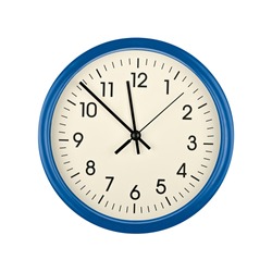 Close up blue wall clock face dial with Arabic numerals, hour, minute and second hands isolated on white background