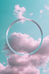Aesthetic art collage with beautiful turquoise sky with pink clouds and circle mirrored frame. Minimal creative concept of angel paradise