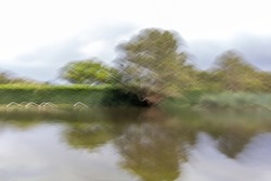 Impressionistic abstract created by intentional camera movement at long exposure displaying a park landscape with trees and green hedge reflecting on a muddy pond and white birds by the water.