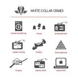 Set of white collar crime icons featuring such concepts as fraud, bribery, Ponzi schemes, insider trading, embezzlement, cybercrime, money laundering, identity theft, and forgery.