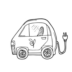 Doodle electric eco car. Green friendly electric car on white background. Earth day and ecology concept