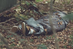 Murder victim wrapped in tarpaulin with feet protruding in leafy forest