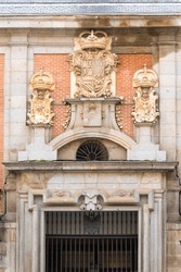 Heraldic shields on the facade of the Casa de la Villa (Villa's House), former Madrid's town hall, at Plaza de la Villa. Madrid, Spain.