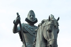 Equestrian bronze sculpture of king Felipe III at Plaza Mayor (Main Square), Madrid, Spain.