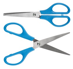 Blue scissors. Object is isolated on white background without shadows.