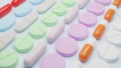 Generic pills array spread on background. all types of pills. 3D antibiotic capsules stacked