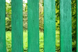Old wooden bright green fence vertical boards on garden green grass background