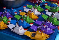 A collection of traditional boat toys in a toy merchant at PKB, Bali. This toy is an old toy that many children played in the 80-90s.