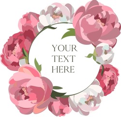 Vector greeting card template with lush pink and white peonies. Copyspace icluded