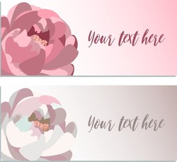 Two templates of greeting cards with pink and white peonies, copyspace included