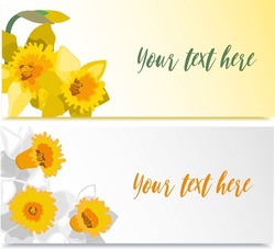 Two templates of greeting cards with yellow and white daffodils, copyspace included