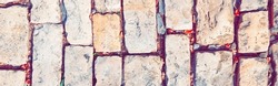 Brick Wall Background. Grungy Ancient Rustic Retro Shabby Antique Brickwork Facade with Aging Damaged Weathered Surface. Grunge Brickwork backdrop. Mortar Stonework. Panoramic Wide photo Web Banner