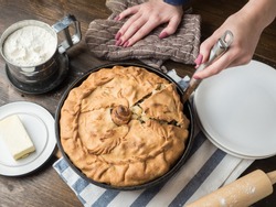 Big hot round balish. Traditional tatar pie.