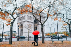Couple under umbrella at rain in Paris.