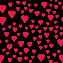 Simple hearts seamless pattern. Valentines day background. Flat design endless chaotic texture made of tiny heart silhouettes. Shades of red. Read hearts at black background