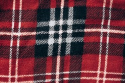 Plaid Lumberjack Shirt of Blue, White Red Checkered Tartan Pattern. Close Up Front View with Buttons on Stylish Casual Patterned Shirt. Fabric Details of Fashion Trend Plaid T-Shirt Clothing