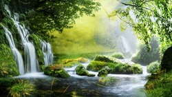 Beautiful stream painting in tropical forest - beautiful natural landscape in the forest 