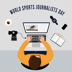 World Sports Journalists illustration, July, 2. Sport journalist writes an article on notebook and attaches photo from sport competitions.  Microphone, cup, notepad, phone, camera are on the desk.