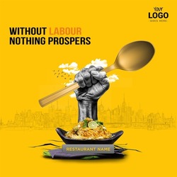 Restaurant concept of International Labor Day. Labor hand holding spoon with biryani. Restaurant posters, restaurant wall branding and social media post.