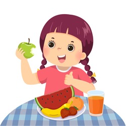 Vector illustration cartoon of a little girl eating green apple and showing thumb up sign.