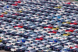 Many cars lined up waiting for shipping