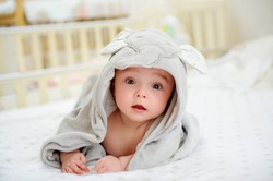 Five months old baby boy in a character towel after taking a bath or shower, in bed at home. Nursery for children