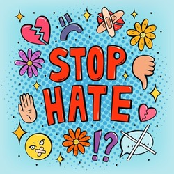 Stop Hate pop art poster with emojis, stop hating hand drawn vector illustration in retro comic style