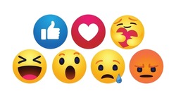 high quality vector round yellow cartoon bubble emoticons comment social media Facebook chat comment reactions, icon template face tear, smile sad, hug love like, Lol, laughter emoji character message