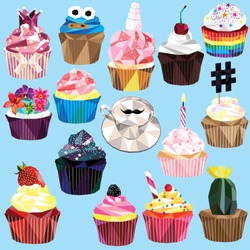 Cupcake and muffin set of 15 different colorful low poly designs isolated on light blue background.