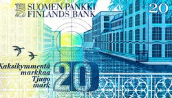 Tampere street scene. Portrait from Finland 20 Markkaa 1993 Banknotes. 