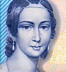 Clara Schumann, German musician and composer, from a lithograph by Andreas Staub, an Austrian watercolour painter and lithographer. Historic buildings of Leipzig. Portrait Germany  Banknote 